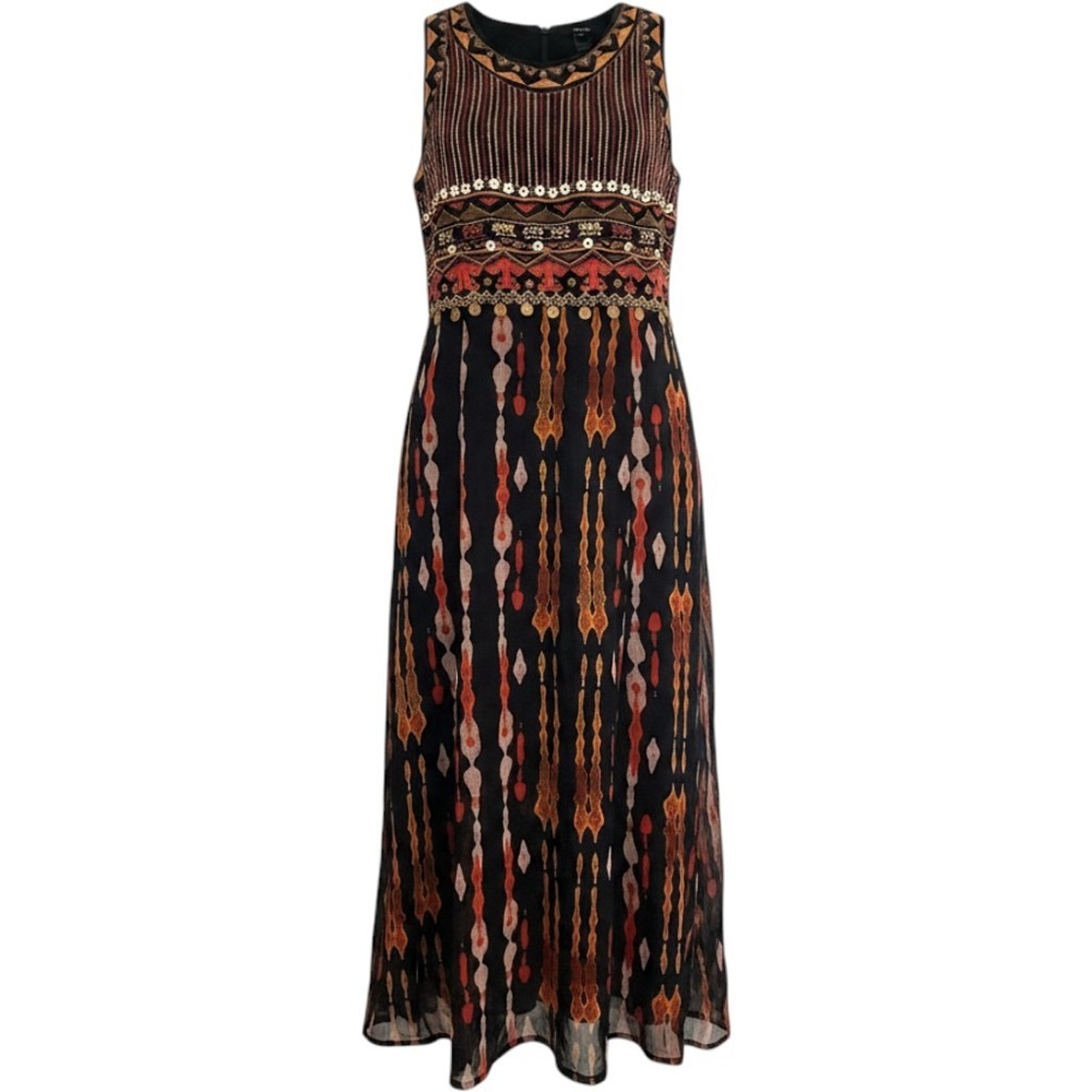 Desigual Womens Embroidered Midi Dress Black Boho Festival Beaded Size 40 Resort
